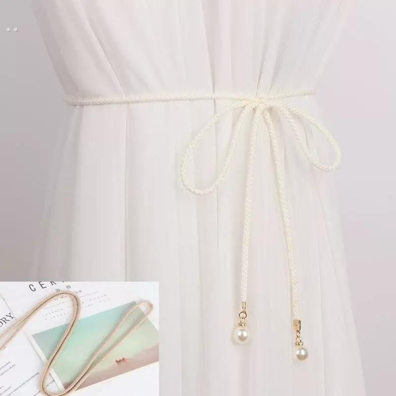 腰带线绳纯手工装饰女细珍珠百搭连衣裙时尚简约编织腰链打结系带