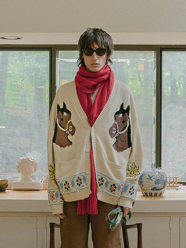 纽约设计师品牌Profound 复古风 印第安马头针织开衫黄美英上身