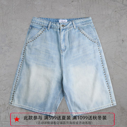 纽约潮牌Profound Foundation支线 洗水做旧铆钉牛仔短裤六分裤