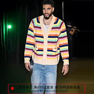 Profound Foundation支线 羊毛混纺彩虹条纹毛衣开衫 塔图姆上身