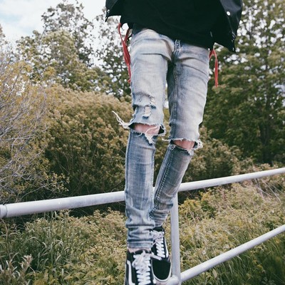 纽约潮牌Profound Foundation支线 做旧 刀割破洞破坏 修身牛仔裤