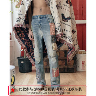 纽约设计师品牌Profound 复古腰果花贴布拼接破坏做旧弹力牛仔裤