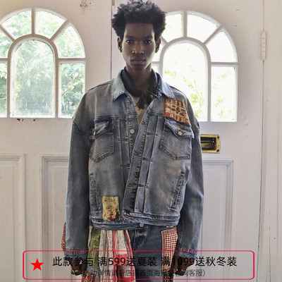 纽约设计师品牌Profound 复古民族风腰果花贴布做旧弹力牛仔夹克