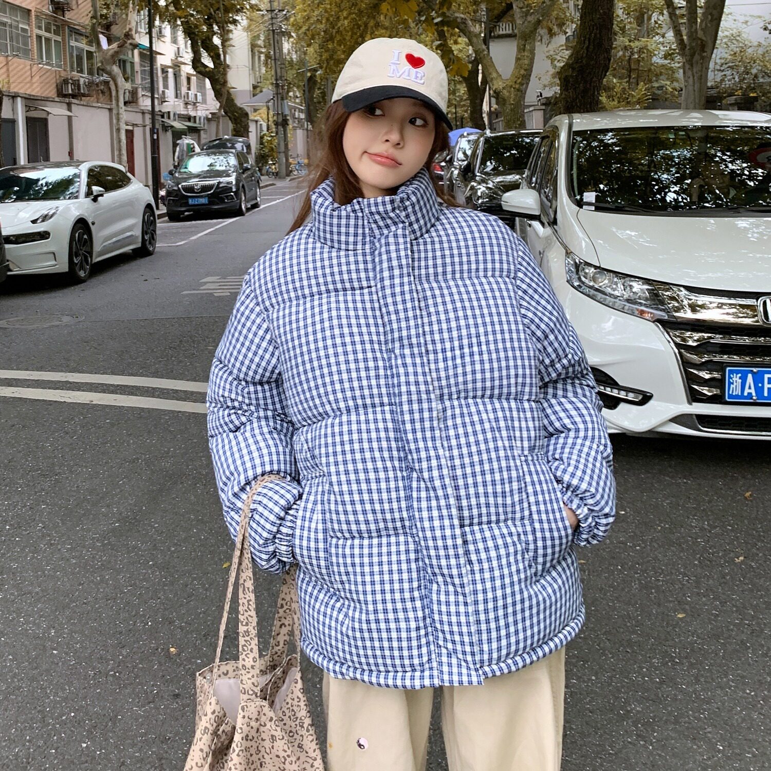 韩系格子中长款加厚保暖棉服女