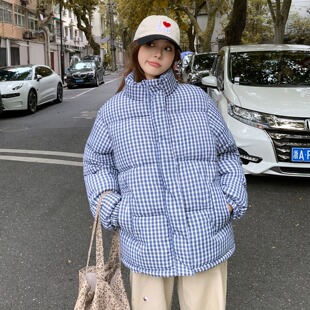 2026韩系慵懒风格子中长款羽绒棉服女冬季小个子宽松加厚保暖外套