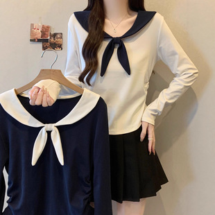 海军领长袖T恤女2026秋季新款打底衫显瘦遮肚子别致正肩上衣