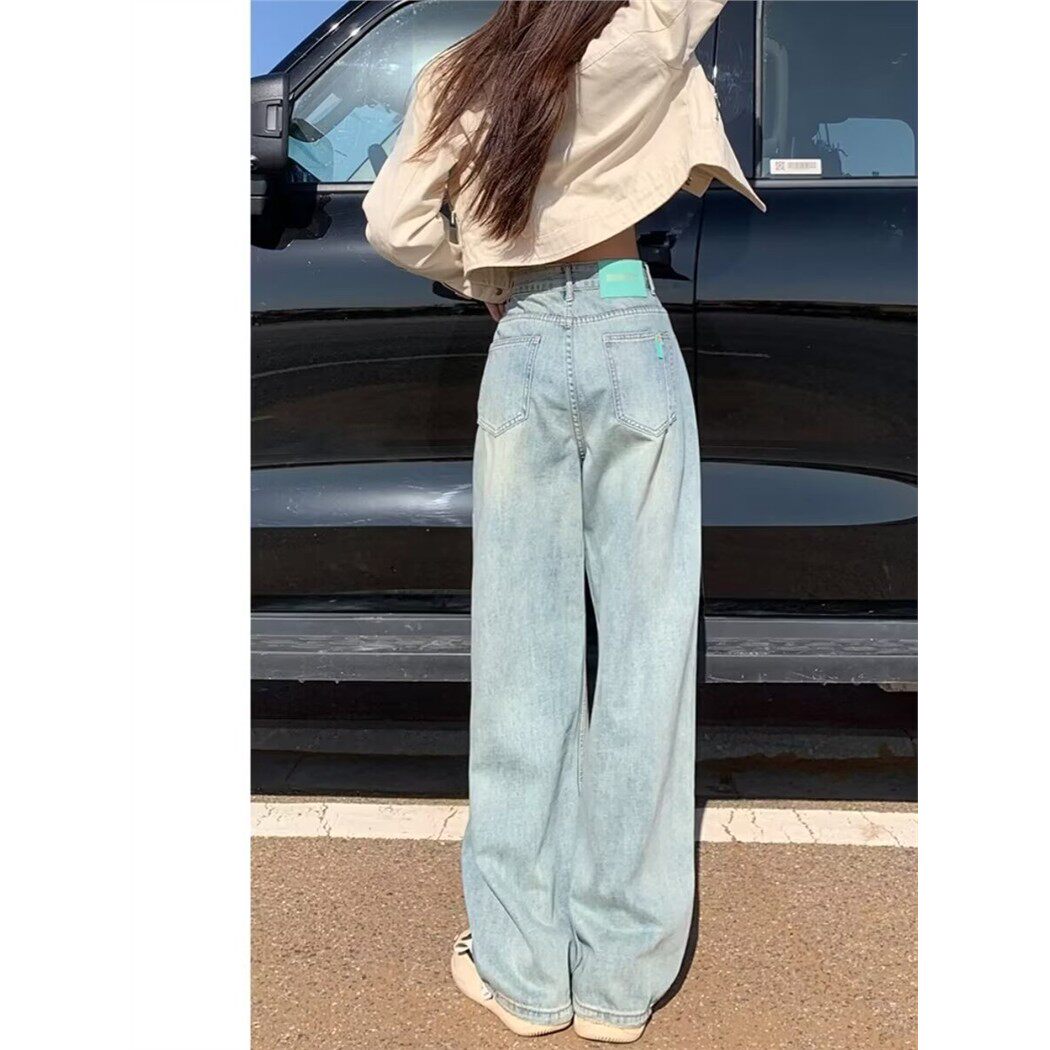 浅蓝色阔腿牛仔裤女春秋2024年早春新款设计感高腰显瘦窄版直筒裤