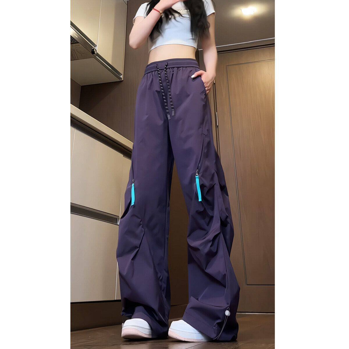 乌梅紫色拉链冲锋裤女款早秋薄款美式伞兵工装裤防水速干登山长裤