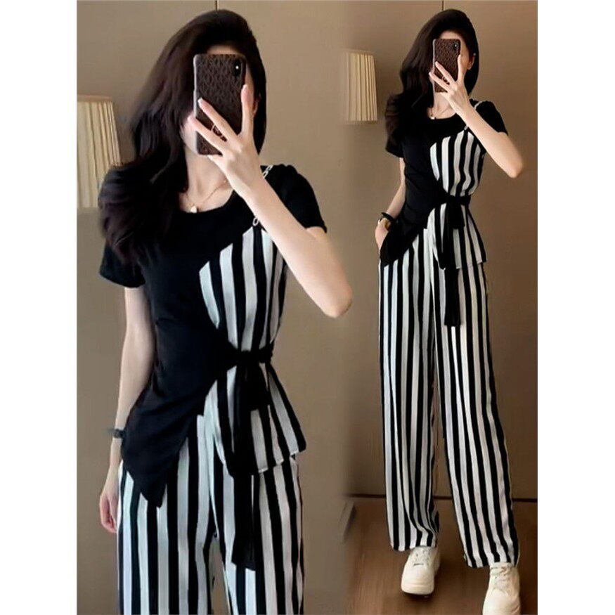 347#时尚减龄高级感套装女夏季洋气休闲显瘦运动条纹阔腿裤两件套