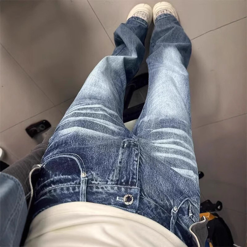 美式复古水洗猫须阔腿牛仔裤女春夏新款高腰显瘦做旧窄版直筒长裤