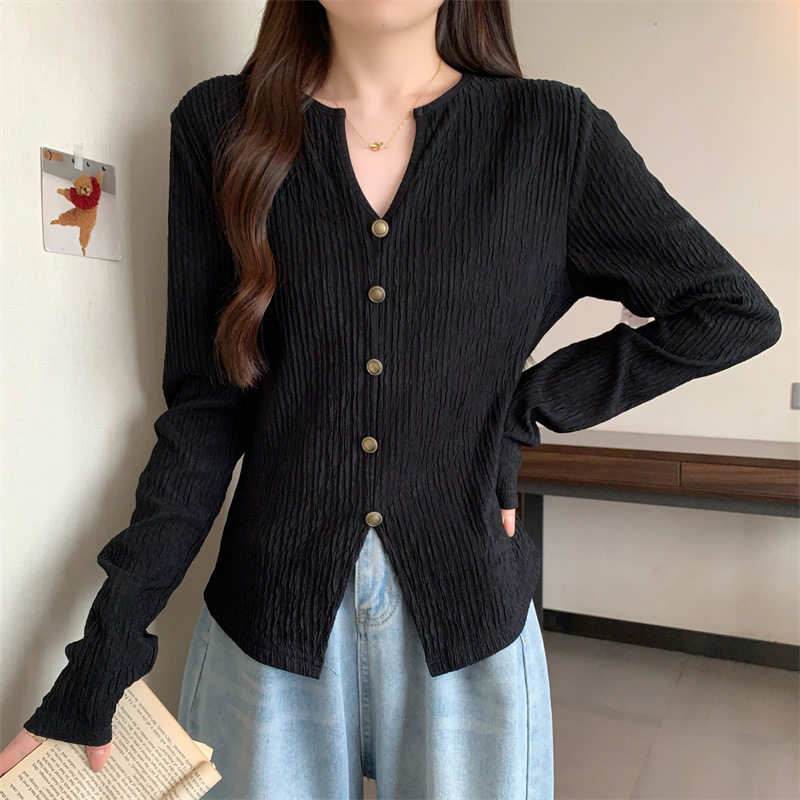 V领长袖T恤女春秋大码2026新款韩版宽松显瘦开叉打底衫短款上衣女