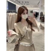 内搭上衣气质洋气百搭毛衣 修身 甜辣V领蕾丝针织打底衫 女2026春季