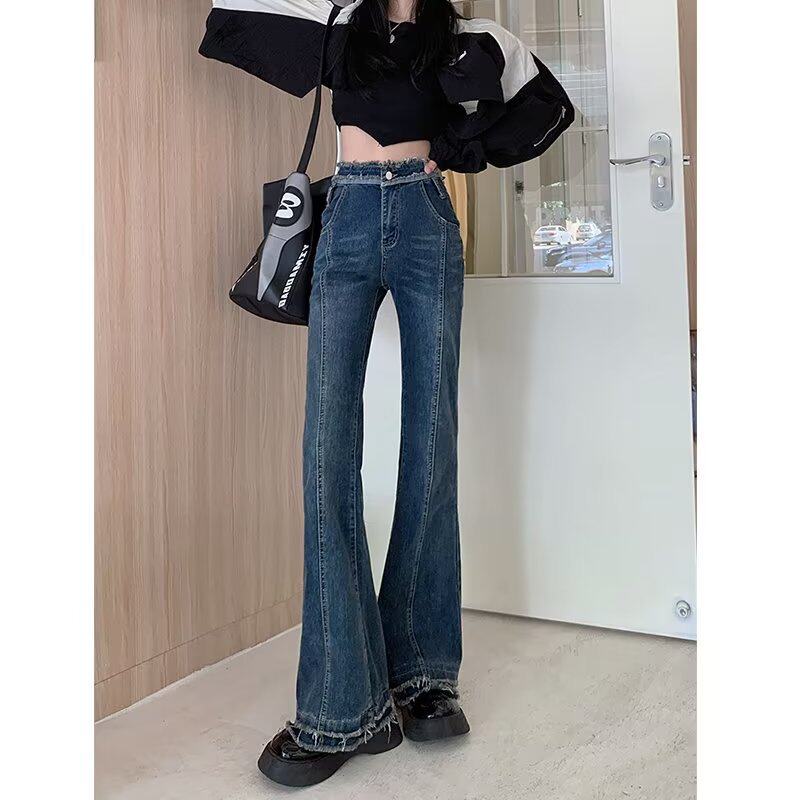 大码胖mm高腰牛仔裤女春季宽松复古毛边显瘦弹力微喇叭阔腿长裤子