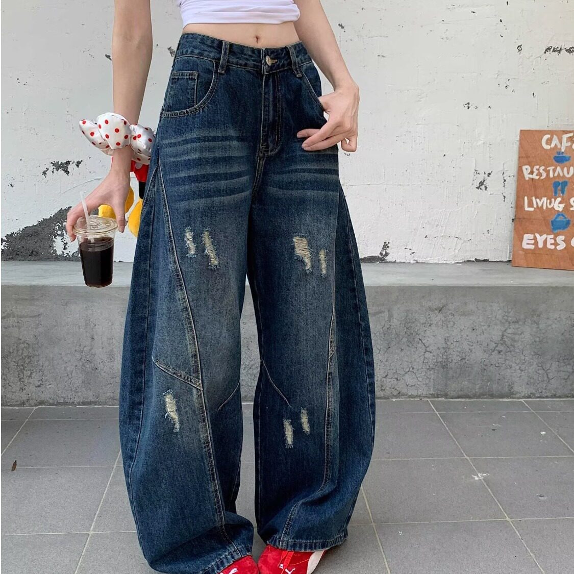 美式复古破洞牛仔裤女夏季设计感休闲宽松垂感长裤直筒阔腿裤子潮