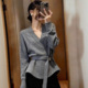 韩系穿搭灰色v领长袖 女宽松慵懒收腰毛衣内搭打底上衣 针织衫