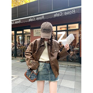 时尚 韩版 小个子外套女 复古PU咖色皮衣夹克2026秋新款 2026秋冬美式