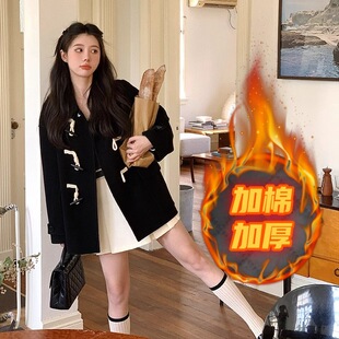 新款 大衣2026秋冬季 黑色气质牛角扣短款 加厚夹棉毛呢外套 现货