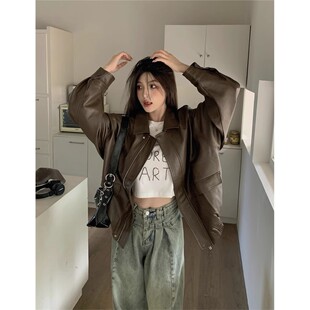 咖色皮衣外套女2026春秋港风复古宽松短款 机车pu皮夹克 小个子大码