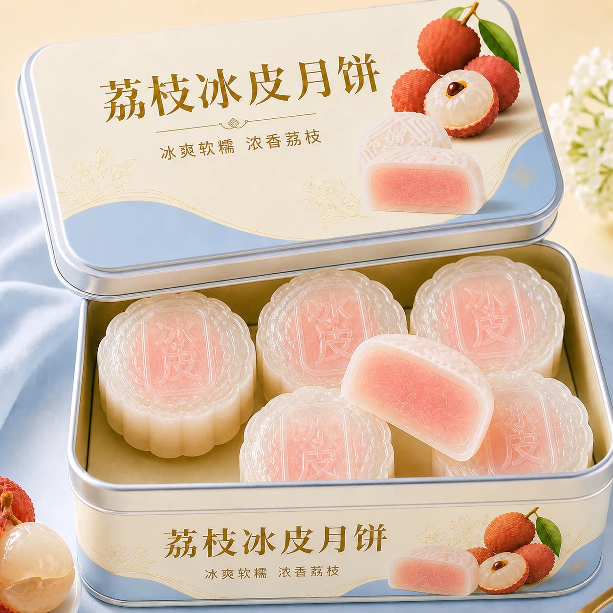 荔枝冰皮月饼官方旗舰店爆浆流心水果馅中秋送礼即食糕点独立包装图片