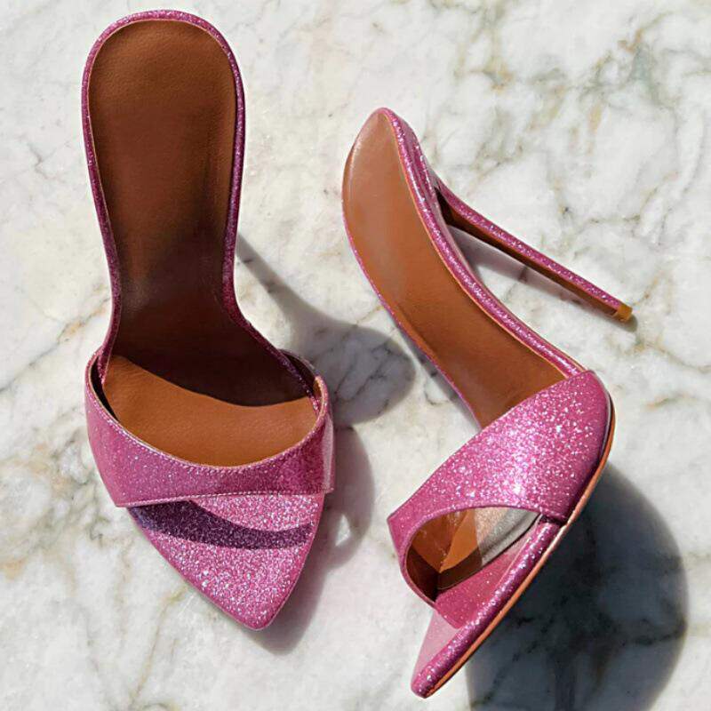 时装凉鞋欧美尖头粉色闪亮细跟外贸女鞋high heels高跟鞋12cm