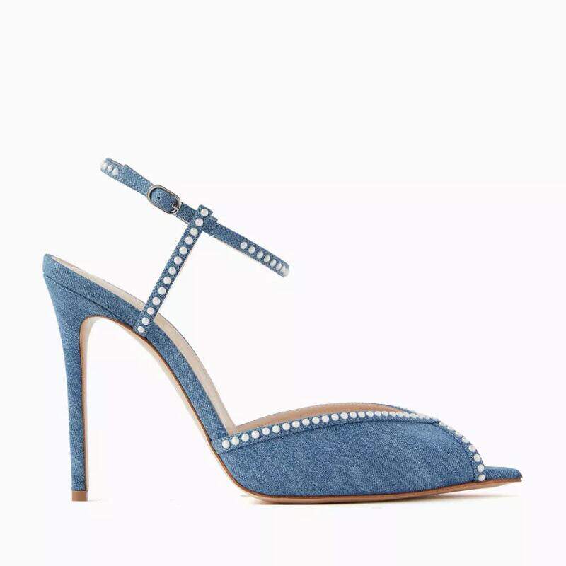 新款 欧美高跟凉鞋尖头牛仔水钻细跟女婚宴鞋shoes sandals heels