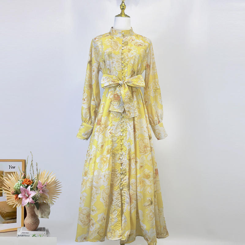 新款外贸设计感春夏立领单排扣系带收腰长裙印花棉麻连衣裙女