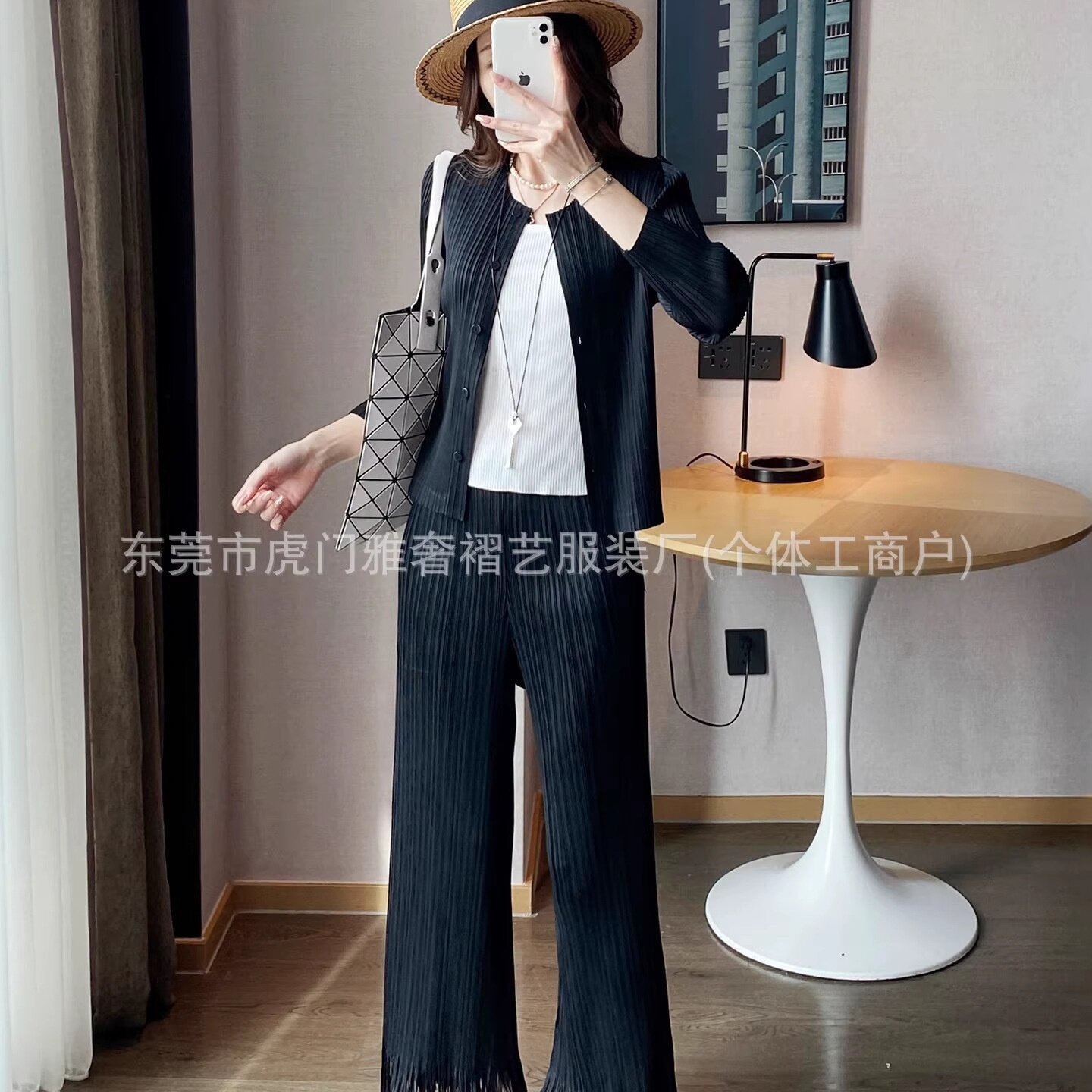 三宅褶皱两件套2026新款时尚简约风纯色流苏长袖外套裤子休闲套装