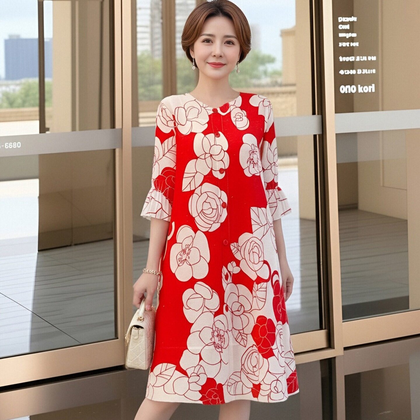 妈妈减龄连衣裙春装新款女装新中式印花红色裙子宽松大码开衫衣服