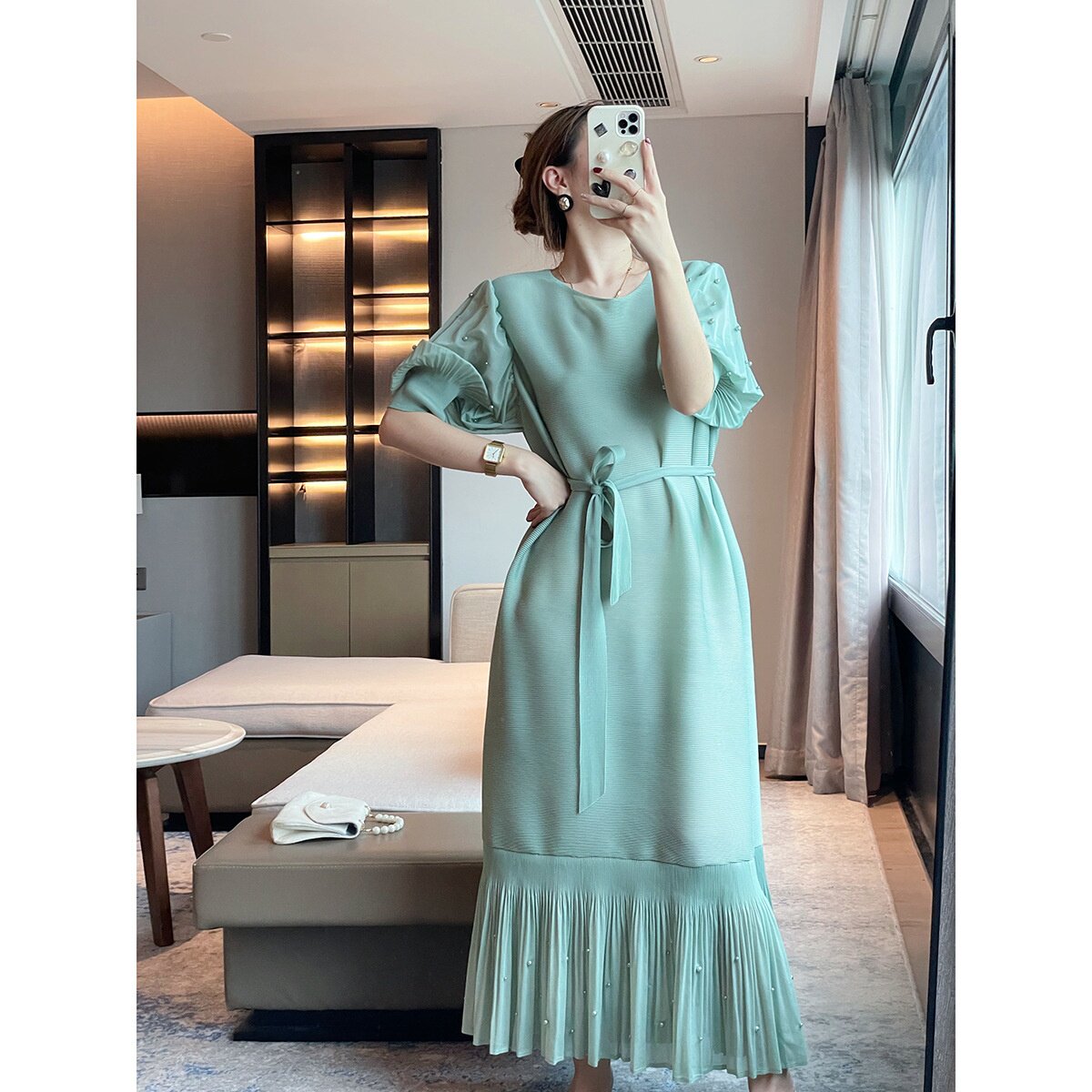 三宅2025夏季气质名媛高级感女装褶皱连衣裙长款收腰鱼尾裙长裙女