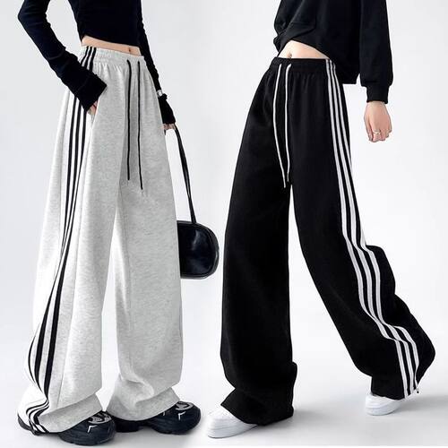 美式运动裤子女春夏季2026新款宽松直筒垂感休闲阔腿加绒三杠卫裤