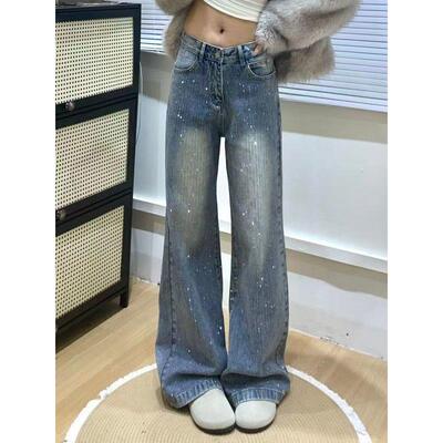 复古蓝细烫钻阔腿牛仔裤女2026早春新款宽松垂感显瘦爆闪拖地裤子