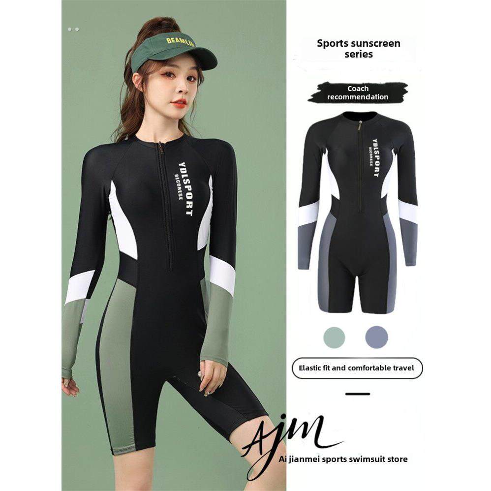 女式泳衣一件式平角短裤长袖防晒保守显瘦运动大尺寸专业游泳冲浪