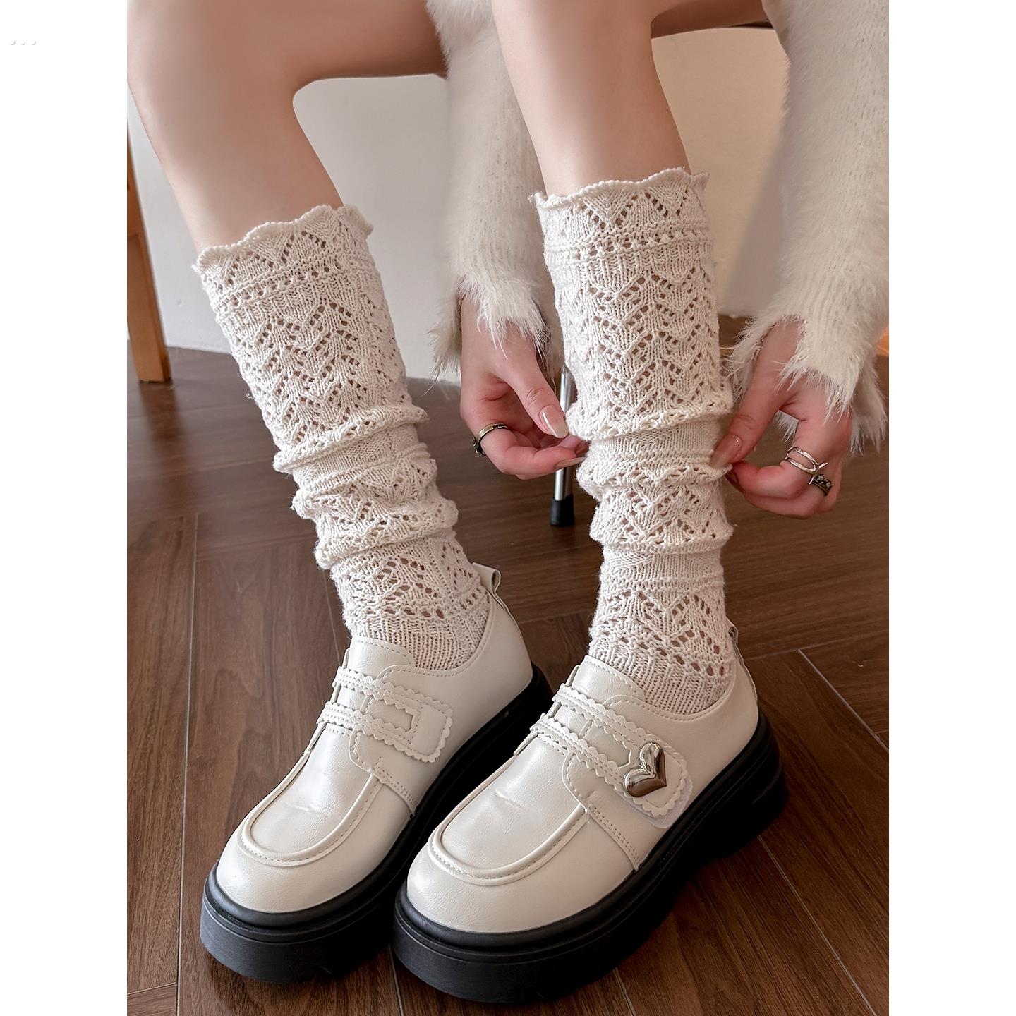 覆古灰色镂空花纹针织羊毛小腿袜春秋韩系潮款穿搭堆堆花边长筒袜