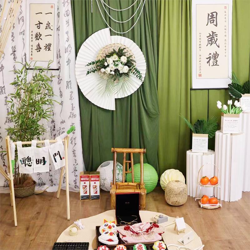 中式周岁宴布置网红龙宝宝生日宴造景夏日氛围感古风书法纱幔布置