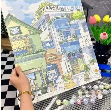 手工治愈小镇丙烯画填色填充油彩画卧室装饰画治愈系