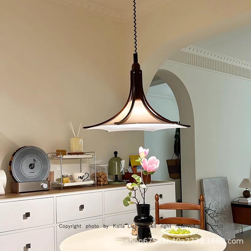 中古升降餐厅实木喇叭吊灯复古侘寂风可调节伸缩茶室餐桌布艺吊灯