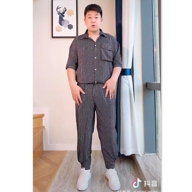 【套装】楼栏服饰夏季微胖男生穿搭轻熟风条纹短袖衬衫休闲裤套装