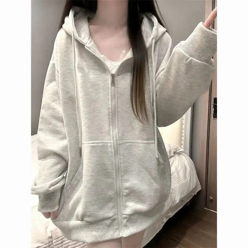 外套女春秋款拉链卫衣薄款2026年潮连帽设计感纯色百搭加绒开衫潮