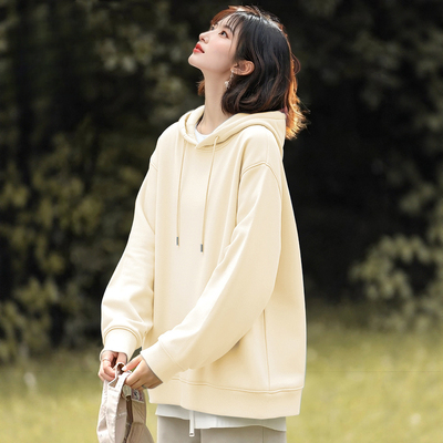 重磅浅米色连帽卫衣女春秋新款