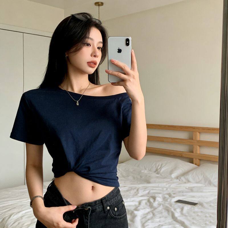 斜肩纯棉短袖T恤女夏季纯欲风宽松打底慵懒风显瘦辣妹露肩领韩系