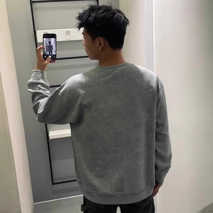 美式潮流重磅加绒加厚灰色卫衣男宽松圆领秋冬纯色百搭厚实打底衫