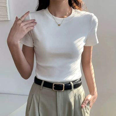 白色小圆领短袖T恤女夏2025新款修身紧身正肩内搭打底衫半袖上衣