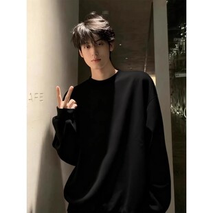 黑色美式重磅加绒卫衣男款加厚秋冬无帽长袖t恤青少年内搭打底衫