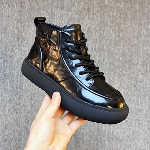 789985欧洲站冬季新款高帮加绒皮鞋男士韩版磨砂拼接休闲皮鞋