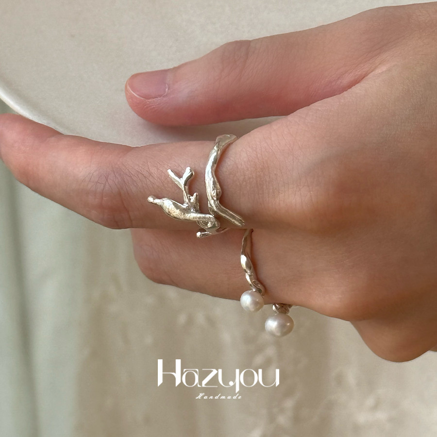 Hazyou原创小众设计S925/S990银树枝天然珍珠手工戒指组合女开口