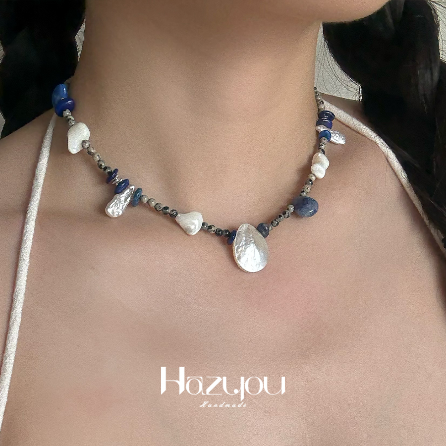 Hazyou原创设计小众高级天然贝母青花石手工串珠斑点石珍珠项链女
