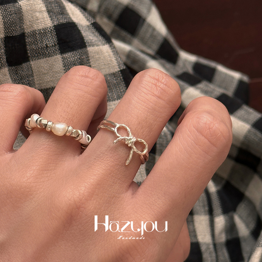 Hazyou「蝴蝶结」原创小众设计麻花手工990纯银戒指双层女开口