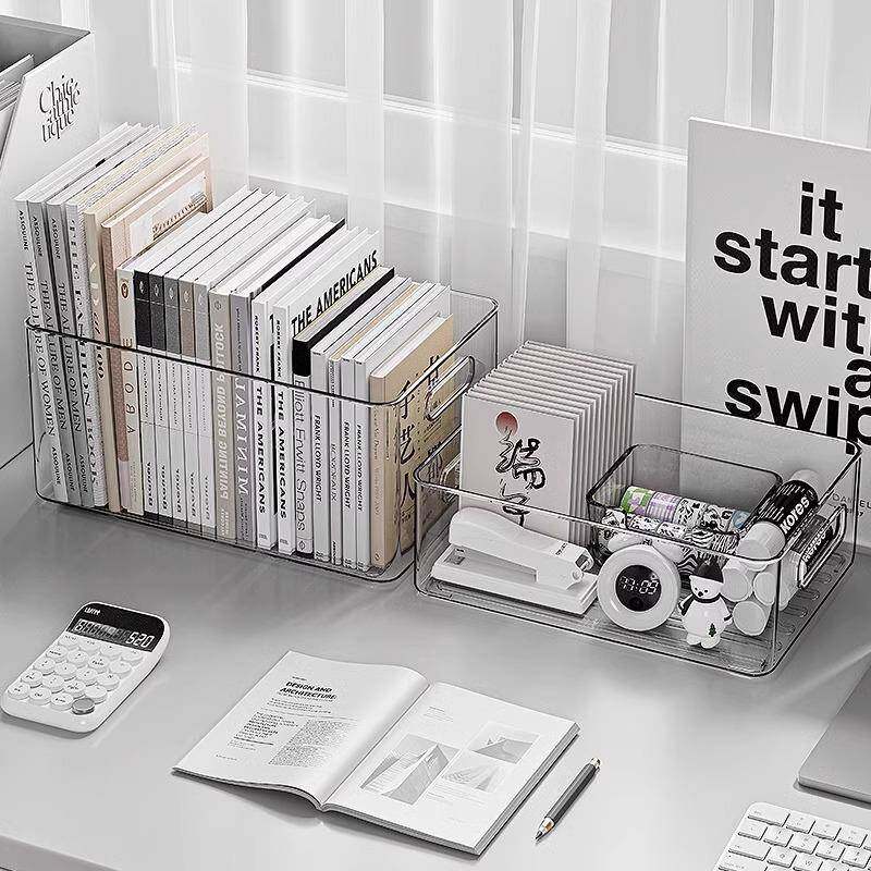 置桌面收纳盒亚克力透明宿舍书整桌文具书物架理箱办公室文件越图
