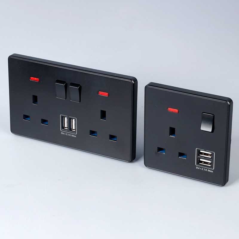 英标UK黑色双USB港式13a三孔usb插座面板146型电制开关跨境直供