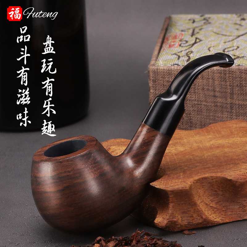 福腾烟具厂家老式手工黑檀木烟斗 9MM过滤烟嘴原木打蜡烟斗